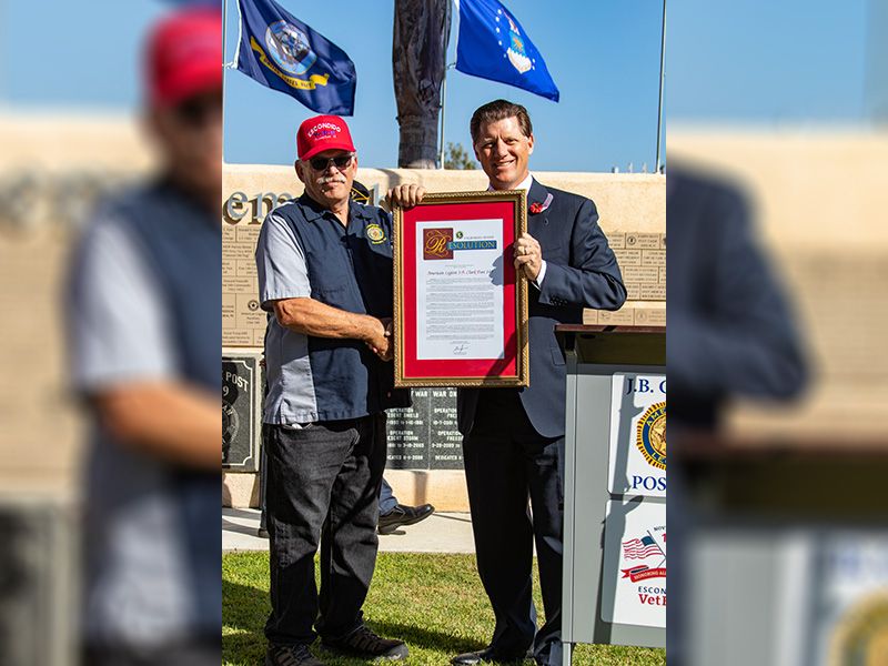 State Senator Brian Jones presents Escondido VetFest and JB Clark 149 a proclamation celebrating its 100 year anniversary